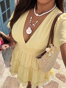 SHEIN SunnyBelle 大尺碼女款休閒度假碎花短袖洋裝 - 黃色 - 查看 6