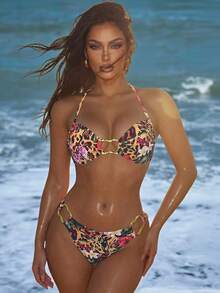 Swim SXY Women's Summer 2-Piece Sexy Leopard Print Metal Decor Spaghetti Strap Halter Bikini Set - Multicolor - View 4