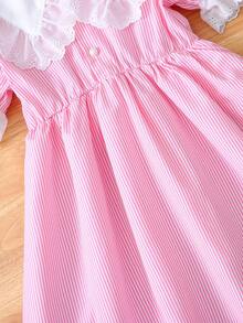 SHEIN Genkimix Kids 女童粉色條紋刺繡蕾絲飾邊彼得潘領短袖A字洋裝 返校季夏季秋季 - 粉色 - 查看 4