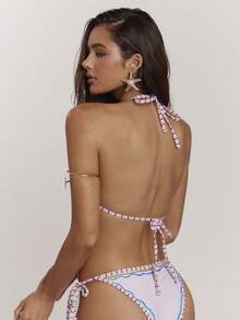 SHEIN BAE Women's Beaded Plaid Colorblock Halter Tie Bikini Top - Multicolor - View 2