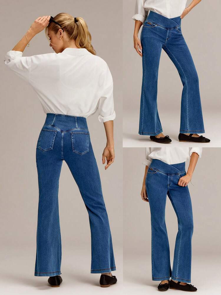 Jeanius Moves Movin' And Groovin' Stretchy Breathable Butt-Lifting Denim Crossover Waist Flare-Leg Pocket Jeggings Daily Casual Wear  Spring Summer