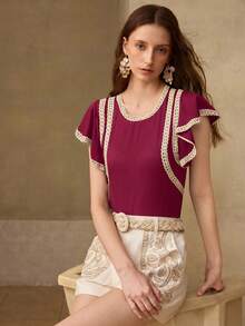 MOTF PREMIUM WOMEN'S SPRING/SUMMER CONTRAST TAPE RUFFLE SLEEVE BLOUSE - Burgundy - View 5