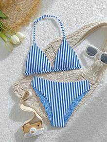 SHEIN Teen Girls 2pcs Reversible Swimwear Set, Halter Top With Adjustable Buckle And Triangle Bikini Bottom, Shell & Stripe Print Knit Fabric, Casual Style For Summer Beach, Pool, Vacation, Summer Holiday Party - Multicolor - View 5