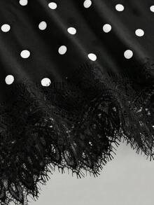 SHEIN Kids Teen Girls T-Shirts Spring Summer New Casual Black And White Fashion Polka Dot Asymmetric Hem Lace Patchwork T-Shirt, Versatile For Daily Wear, Spring Summer Casual Top, Suitable For Vacation, Summer, Spring, Spring Break And Various Occasions, Including Beach Dress, Casual Shirt, Outing Top And Summer Top. - Black - View 6