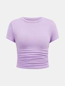 SHEIN Girlism 青少年女孩休閒日常修身淺藍色抓皺圓領上衣與腰部抓皺喇叭褲套裝 - 紫色 - 查看 5