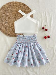 SHEIN Vintaside Kids 女童時尚休閒掛脖無袖修身素色背心搭配甜美時尚格紋數位印花蛋糕裙，適合旅遊、度假、海灘、家庭聚會及派對 - 藍白色 - 查看 5