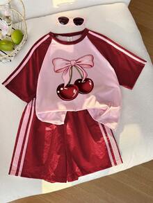 Elladie kids 少女櫻桃印花插肩袖短袖T恤與短褲休閒套裝 - 紅色 - 查看 1