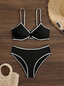 SHEIN Women's Black Summer Cute Beach Holiday Textured Bikini,Halter Round Ring Design Top&Bottom 2 Pieces Swimsuit,Solid Color Edged Resort Vacation Set - Black - View 4