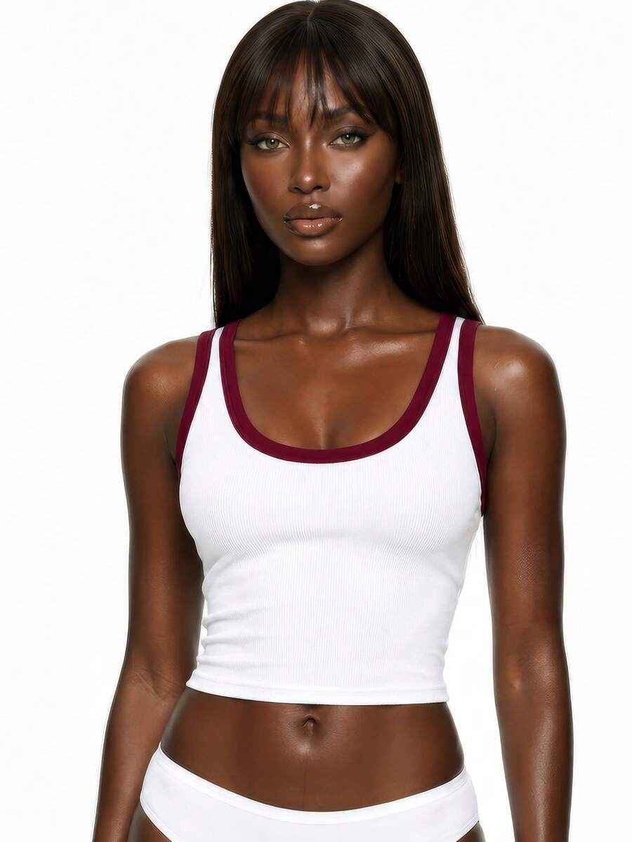 Rest Era Women's Basic Casual Fashionable Red & White Contrast Color Fitted Tee Shirt, Spring/Summer - White - View 1