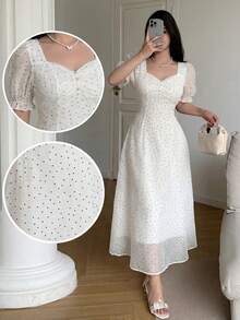 Feyla Women's Polka Dot Print Short Petal Sleeve Elegant Midi Dress - Pearl White - View 1