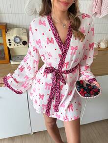 SweetSlumber Sweet Ins Bow Heart & Leopard Print Long Sleeve Women's Nightgown - Multicolor - View 1