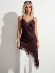 Sinnesro Spring/Summer Lace Satin Top, Casual Vacation Style, Vintage, Commuting Night Out, Sexy Home, Petite Women Shades Of Brown - Rust Brown - View 7