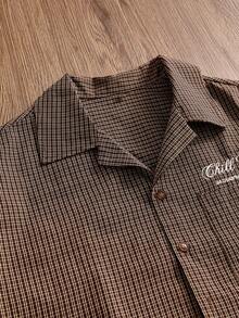 SWAVVY Men's Plaid Letter Print Single-Breasted Casual Versatile Daily Outing Shirt - Brown - View 5