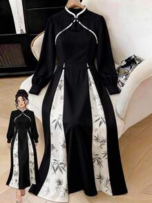 GlowEve CURVE Plus Size Chinese Style Button Decor Floral Print Elegant Long Sleeve Patchwork Dress - Black - View 1