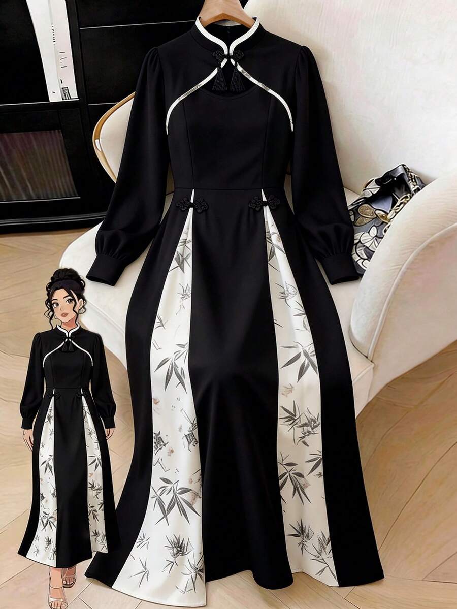 GlowEve CURVE Plus Size Chinese Style Button Decor Floral Print Elegant Long Sleeve Patchwork Dress - Black - View 1