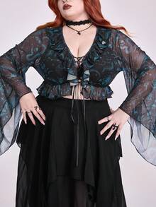 ROMWE Goth Top de malla con estampado floral de piel de serpiente gótico vintage azul con volantes y cintura con lazo para mujeres de talla grande - Azul - Ver 2