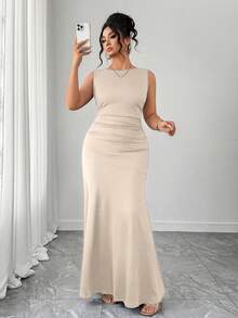 Elenzga Women's Elegant Dress, Sleeveless Round Neck A-Line Silhouette, Ruched Waist Design, Solid Color Knit Fabric - Apricot - View 1