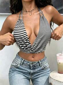 BamGleam Striped Spaghetti Strap Camisole Tank Top, Twisted Knot Design Cropped Top - Black and White - View 3