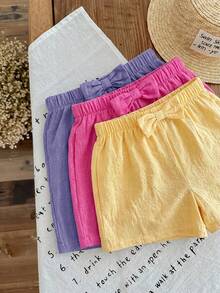 SHEIN LMoss Kids LMoss Young Girl's 3pcs Casual Summer Set: Woven Soft Dual-Layered Gauze Ruffle Shorts With Elastic Waist, Solid Color, Versatile And Breezy - Multicolor - View 6