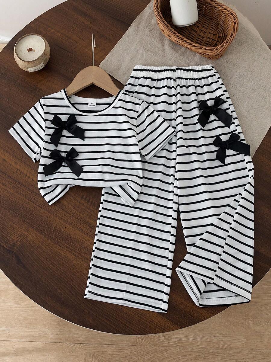 SHEIN Elladie kids 少女新款時尚黑白條紋印花短袖T恤 + 寬腿長褲 3D黑色蝴蝶結裝飾 2件套 適合日常休閒運動夏季