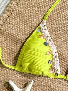 SHEIN Swim Vcay 女款紋理面料亮片貝殼飾邊可愛性感度假海灘泳裝上衣 - 橄欖綠 - 查看 4