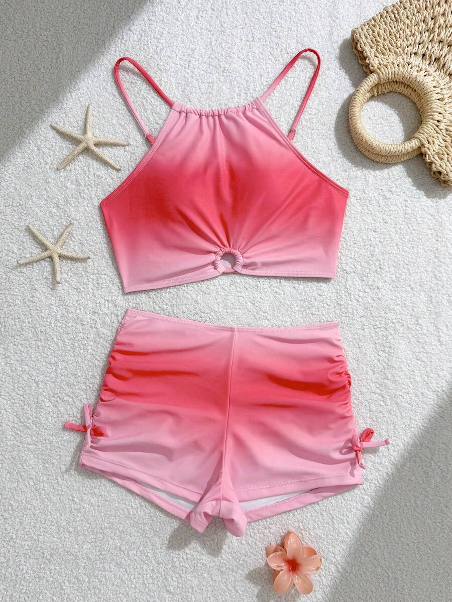 SHEIN Ensemble de maillot de bain pour filles avec débardeur de bain bleu unicolore doux et mignon et culotte de bain style short - Rose bonbon - Voir 1