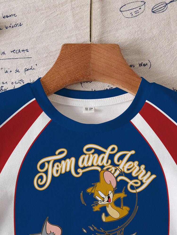 TOM & JERRY X SHEIN 小男孩圓領字母卡通印花休閒百搭日常出遊短袖T恤 - 白色 - 查看 5