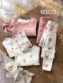 Emery Rose Kids Emery Rose Kids 6件套女童花卉小熊印花针织休闲T恤和裤子家居服套装 - 彩色 - 查看 3
