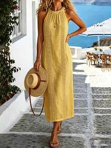 Louniche Women's Summer Solid White Lace Long Casual Vacation Dress - Yellow - View 7