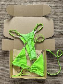 SHEIN Swim 2026春夏 三角杯掛脖式 萊姆綠紋理布料 小硬幣裝飾 高衩可調節 性感熱帶比基尼 女款 海灘派對 - 綠色 - 查看 2