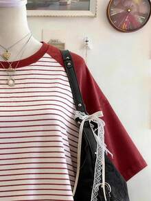 Lalippa Striped Digital Print 2 Styles Fashionable Minimalist Oversized Mid-Length Round Neck Drop Shoulder Women T-Shirt, Gift For Friends - Multicolor - View 3
