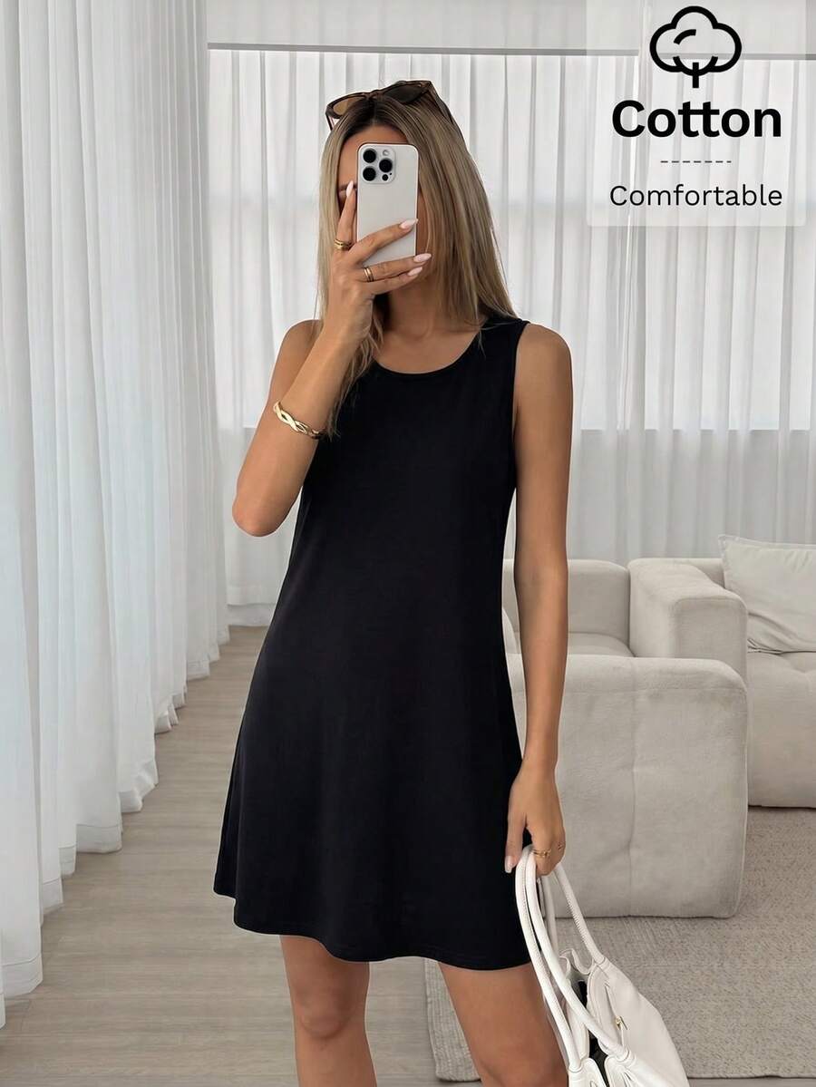 Easowa Women's Solid Color Round Neck Casual Basic Sleeveless Mini Dress Cotton Material Is Comfortable Summer Vacation Black Travel Daytime Everyday - Black - View 1