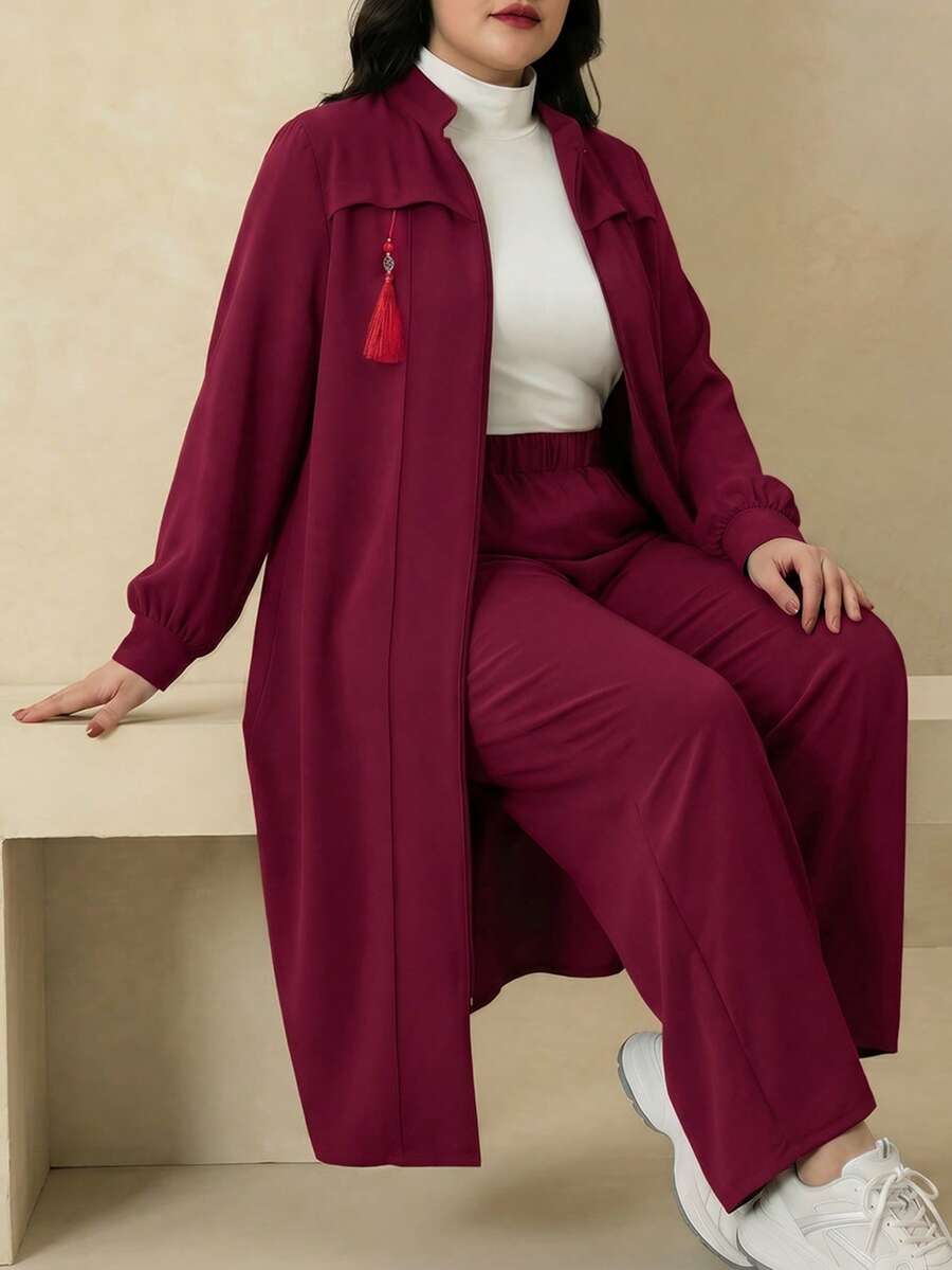 Modelyn 優雅素色拉鍊長袖外套秋冬女款阿拉伯服飾套裝 - 酒紅色 - 查看 1