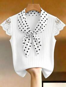 GlowEve CURVE Plus Size Versatile Textured Fabric Lace White Collar Patchwork T-Shirt Date Night Summer Elegant - White - View 3