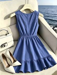 GlowEve CURVE Plus Size Women's Metal Button Design Casual Elegant Sleeveless Dress Vacation Navy Blue Summer - Blue - View 2