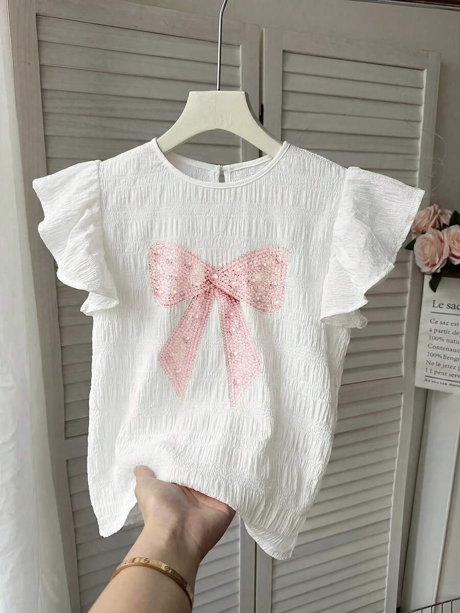 SHEIN LMoss Kids 青少年女孩白色紋理編織圓領抓皺荷葉邊飛袖修身休閒上衣,度假風法式優雅,適合春季出遊、度假、開學 - 白色 - 查看 1