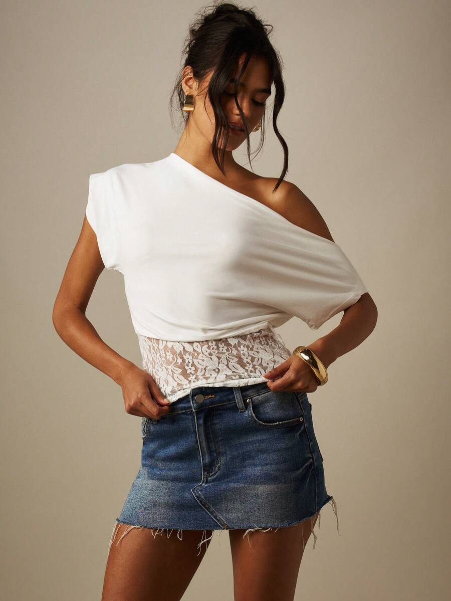 MISSGUIDED One Shoulder Asymmetric Lace Hem Crop Top Elegant Sexy ...