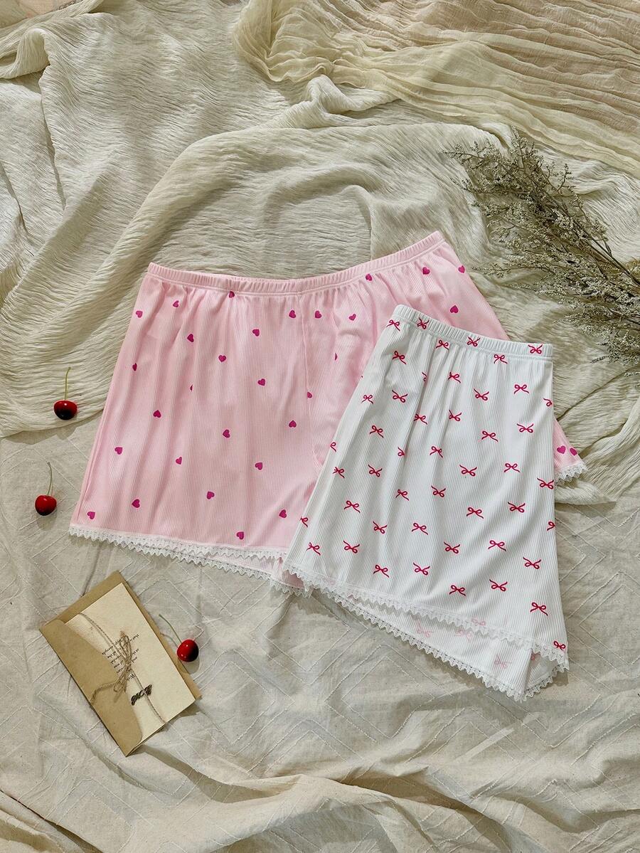 CottageSlumber Plus Size Women's Silk Lace Pajama Pants, Spliced Lace Bow Heart Print, 2pcs Shorts Set - Multicolor - View 1