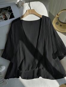 Comfortcana Plus Size Lightweight Short White Jacket , Summer Cotton Comfortable Cardigan In Fall/Winter - Black - View 4