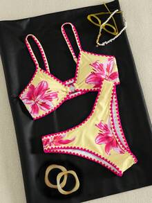 Swim Mod Conjunto de Bikini de Triángulo de 2 Piezas unicolor Nuevo de Verano con Tirantes Ajustables y Adorno de Concha de Cintura Baja para Mujeres - Multicolor - Ver 3