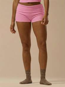 MUSERA ESSENTIALS Rib Fold Over Waist Mini Shorts Basic Spring Summer Vacation Holiday  Pants - Baby Pink - View 3