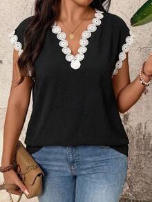 EMERY ROSE Summer Comfortable Casual Loose Black Blouse Shirt Plus Size Shirt - Black and White - View 1