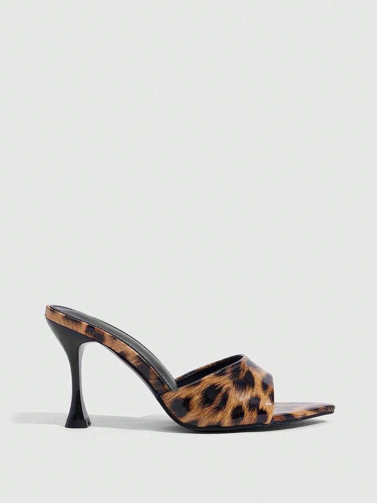 CUCCOO SZL Women Shoes Spring And Summer New Glossy One-Word With Pointed Head Sexy Leopard Print Brown Patent Leather Fine Heels Muller Tow Party Date Commuter