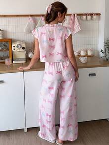 SweetSlumber Y2k Sweet Ins Striped Colorful Bow Print Women's Puff Wrinkle Pajama Set - Multicolor - View 2