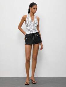 Maija Top casual versatile da donna con scollo all'americana a pois per uso quotidiano - Bianco e nero - Visualizzare 8