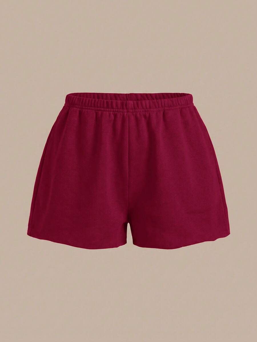 SHEIN BASICS 女款休閒基礎純色針織中低腰運動超短褲，居家健身休閒夏季運動短褲，酒紅色