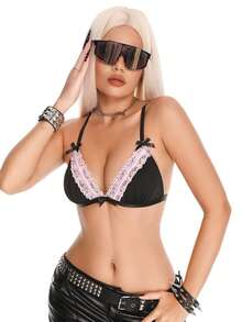 AltBold 1pc Lace Patchwork Women's Bra (Wireless) Black Summer Y2k - Multicolor - View 5