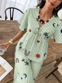 Flora Isola Flora Isola Blue Striped Color Print V-Neck Short Sleeve Tie Waist Pants Set Two Pieces Outfit For Women Spring Summer Casual Vacation Wear - Multicolor - View 5