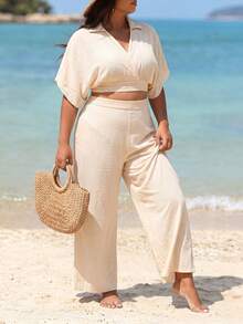 Swim Lushoire Plus Size Lightweight Coverup Set, Vacation Style Beach Vacation Orange Summer - Apricot - View 4