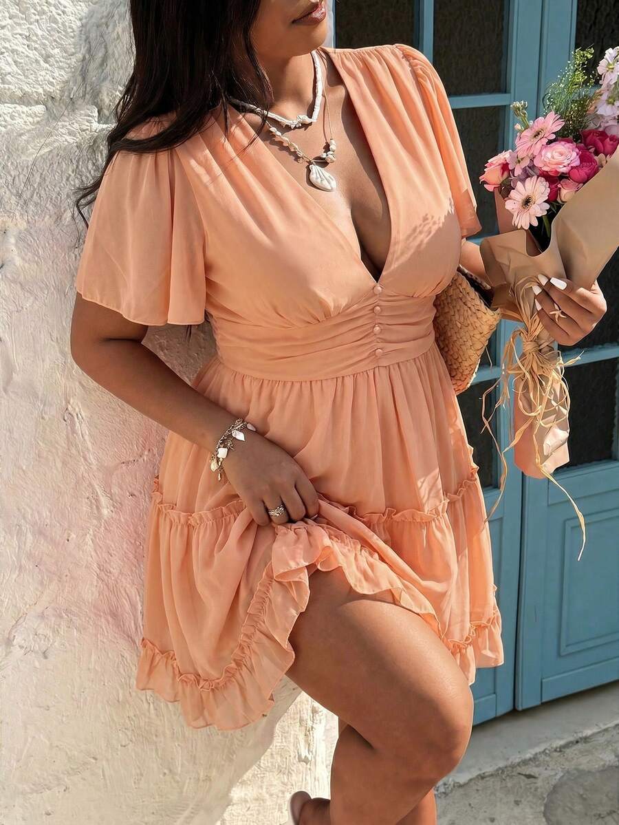SHEIN SunnyBelle 大尺碼女款休閒度假碎花短袖洋裝 - 橘色 - 查看 1